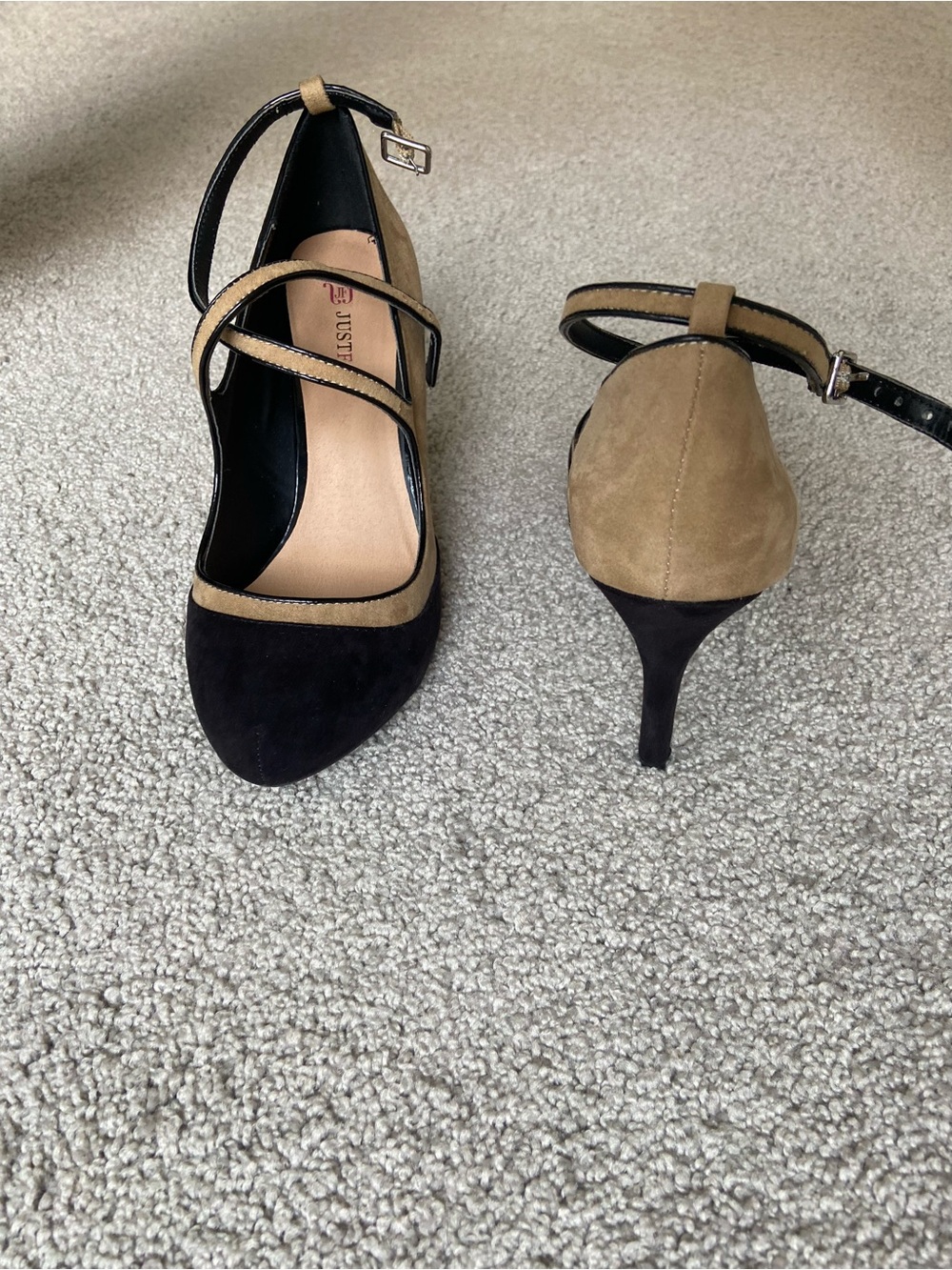 Mary Jane Two-Tone Black and Tan Suede High Heels - Picture 4 of 7